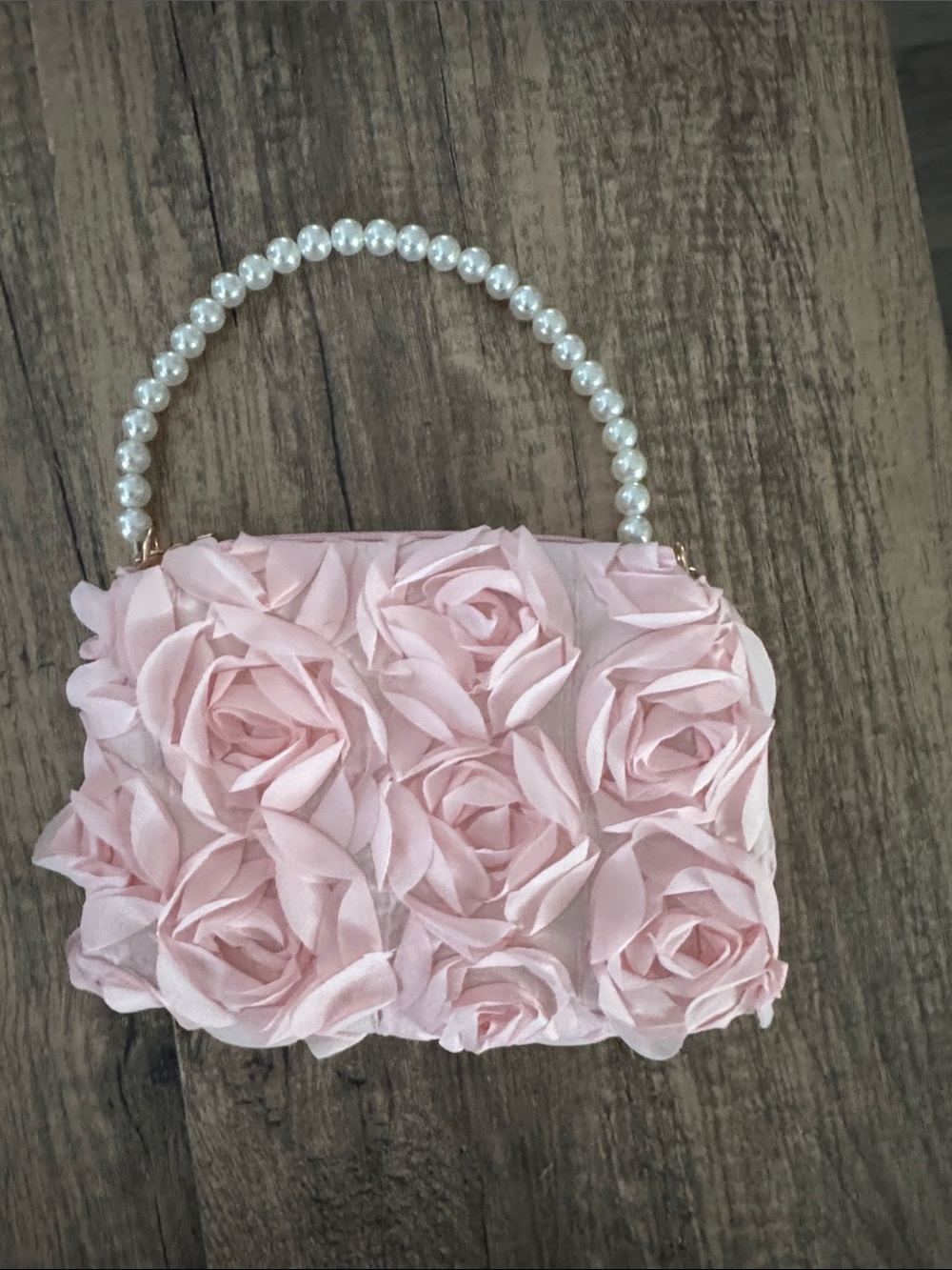 SHEIN Blush Pink Rose Appliqué Clutch with Pearl Handle